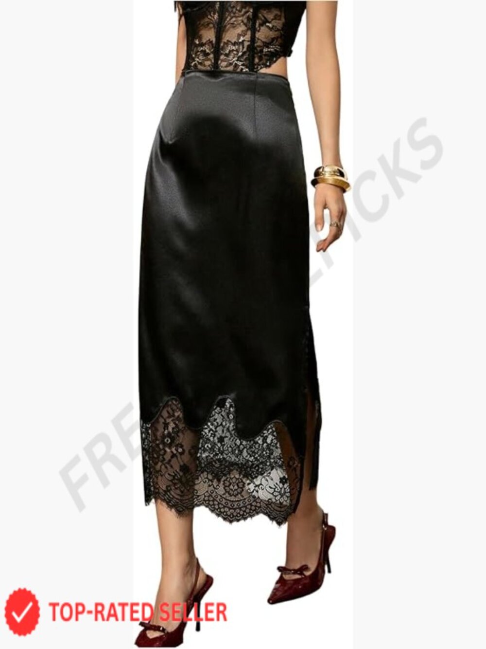 Floral Lace Satin Midi Skirt Side Split Ruffle Elegant Long